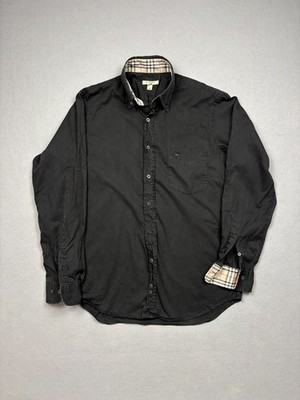 Burberry London Black Cotton Shirt Nova Check Collar Cuffs Vintage Size M