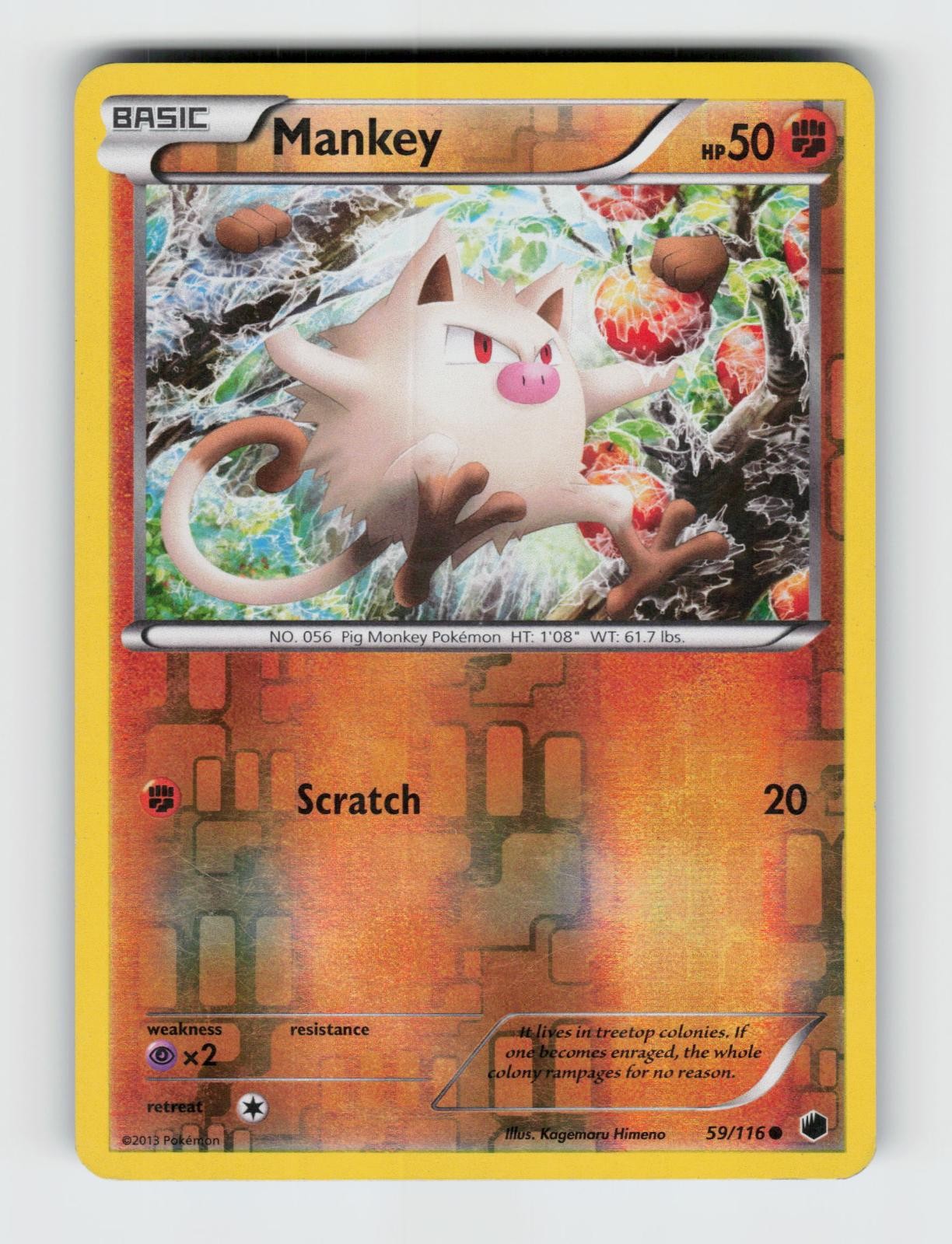 Mankey 59/116 Reverse Holo Common Plasma Freeze Pokemon 2013 Moderately Played