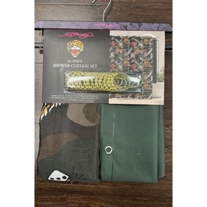 NWT Ed Hardy 14-Piece Shower Curtain Set - Tiger Camo & Gold Hooks - Y2K