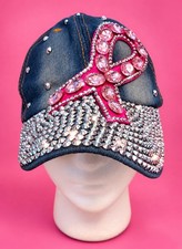 Breast Cancer Awareness Pink Ribbon Rhinestone Bling Denim Baseball Cap Hat   