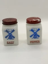 Vintage Hazel Atlas White Milk Glass Dutch Windmill Salt &Pepper Shaker Red Lids