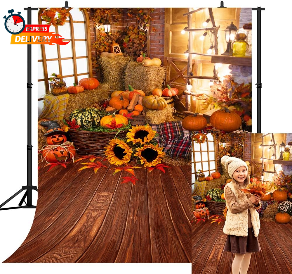 5X7FT Pumpkin Wooden Vinyl Backdrop for Fall Thanksgiving Halloween Photos
