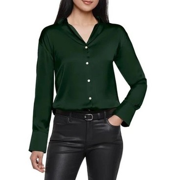 NWT Express Women's S Green Button-Down Satin Blouse Shirt 100% Polyester i2003