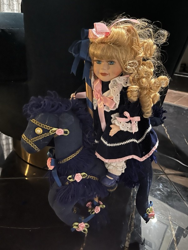Vintage Porcelain Doll on Rocking Horse Blonde Curly Hair Blue Eyes Victorian