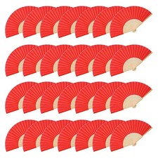 28 PCS Fabric Folding Hand Fans, 8.3 Inch Red Fabric Folding Fans Handheld Po...