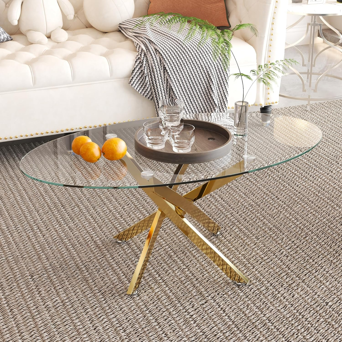ダイニングテーブル CHRISTIE Coffee Table 105 Glass Coffee Table with Chromed Legs, Oval Modern Living Room