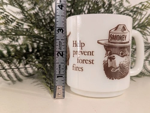 Vintage Smokey The Bear Help Prevent Forest Fires Milk Glass Coffee Mug Cup