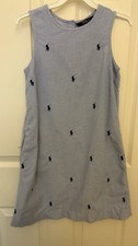 Polo Ralph Lauren Girls Blue Sleeveless A-Line Knee Dress Size 10 Logo Button