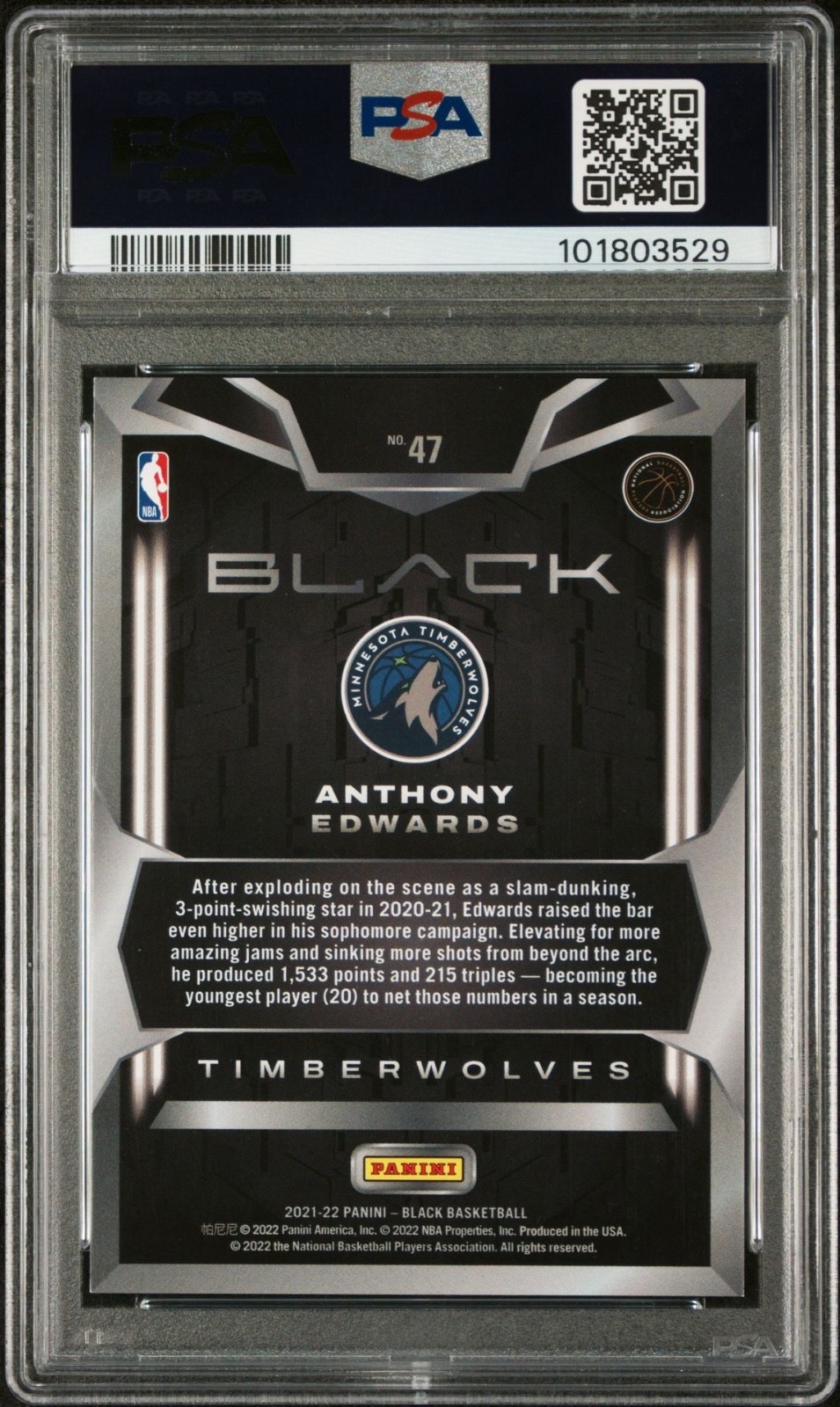 2021 PANINI BLACK | SILVER [#36/75] #47 ANTHONY EDWARDS PSA 9 view 3