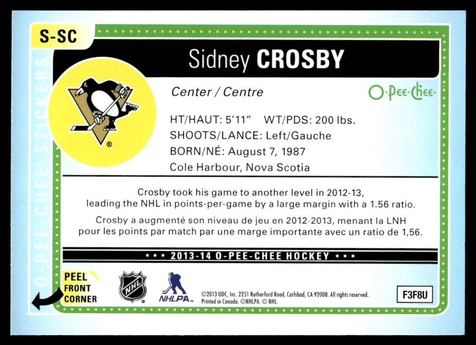 2013-14 O-Pee-Chee Stickers Sidney Crosby Pittsburgh Penguins #S-SC - Image 2 of 2