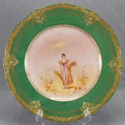Haviland Limoges Hand Painted Signed L Jean Regency Lady Green Raised Gold Plate - Image 1 of 4