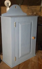 Shaker-style raised panel hanging cabinet, painted gray.
