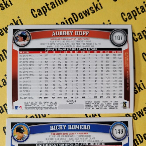 LOTE DE 2 ERRORES DE IMPRESIÓN 2011 Topps Diamond Anniversary/Aubrey Huff y Ricky Romero - Imagen 7 de 8