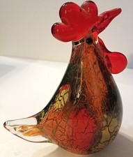 Red Comb Rooster Paperweight Decor Art Heavy Hand Blown Glass Multicolor Swirl  