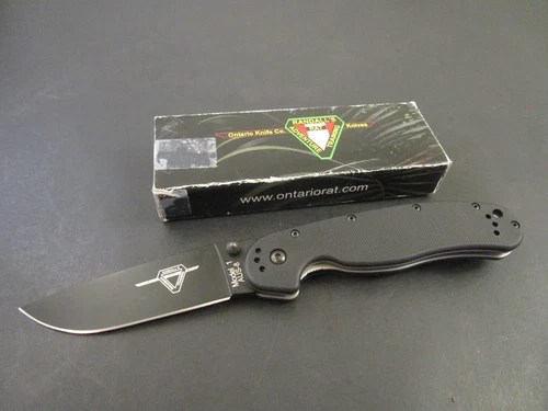ONTARIO KNIFE CO RAT 1 MANUAL ACTION FOLDER BLACK G10 BLACK BLADE