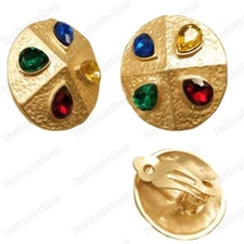 CLIP ON big multi gem EARRINGS texture GOLD TONE vintage retro crystal HAMMERED