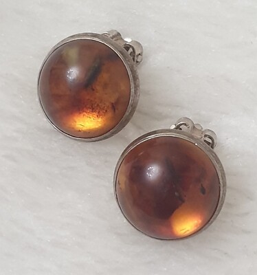 Vintage Bernstein Ohrringe / Ohrclicp aus 925er Silber 16 x 16 mm