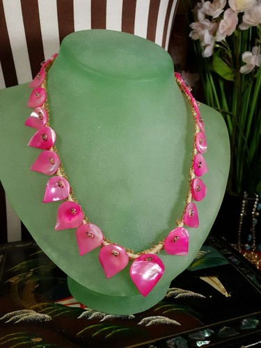 Vintage 1930s Mother Of Pearl Necklace 16" Choker Cerise Pink Teardrop Art Deco - Picture 8 of 18