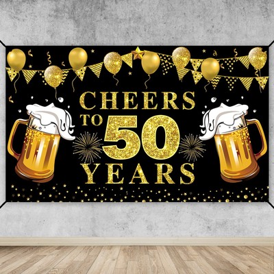 Lnlofen Cheers to 50 Years Banner Backdrop Black Gold Happy 50th Birthday Dec...
