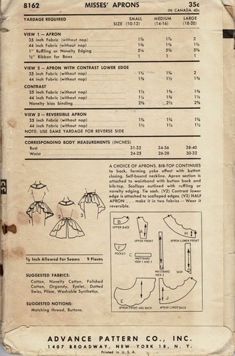 APRON Bib or Half Waist SCALLOPED Hem Advance 8162 RARE Vtg 1956 Sewing Pattern - Picture 17 of 17