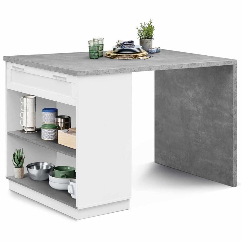 Ilot cuisine blanc et effet beton avec étagères de rangement pour salle à manger