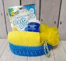 handmade crochet kids crayola bath basket gifts spa blue pouf bath bomb