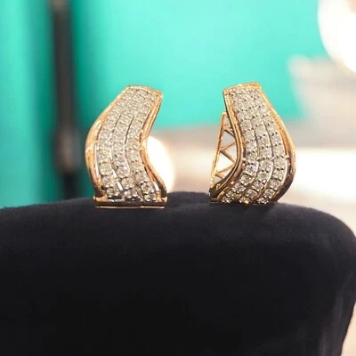 Pavé 0,98 Cts Runder Brillant Diamanten Dreireihig Creolen Ohrringe 14K Roségold - Bild 1 von 4