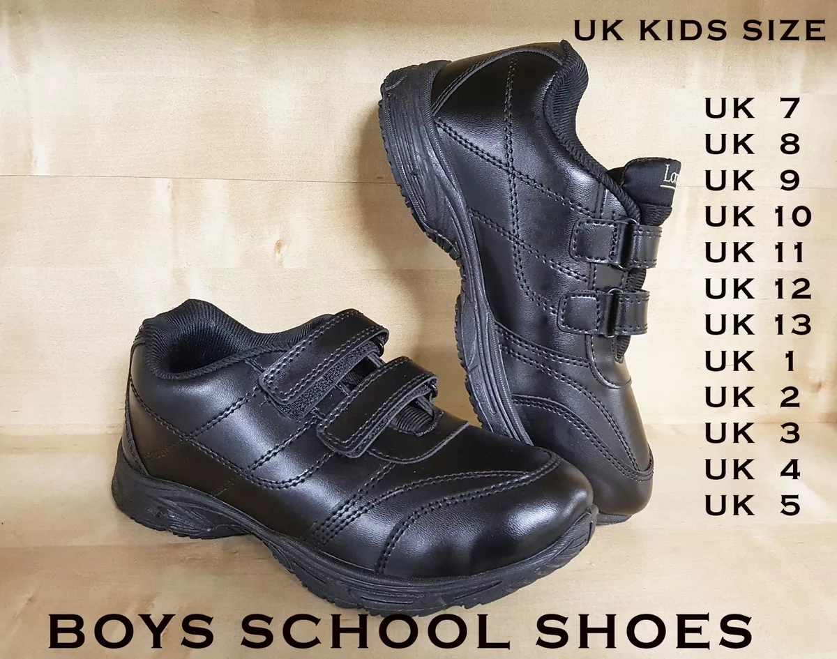 Boys Shoe Black Easy Fasten School Shoe Hook Loop Flex Leather