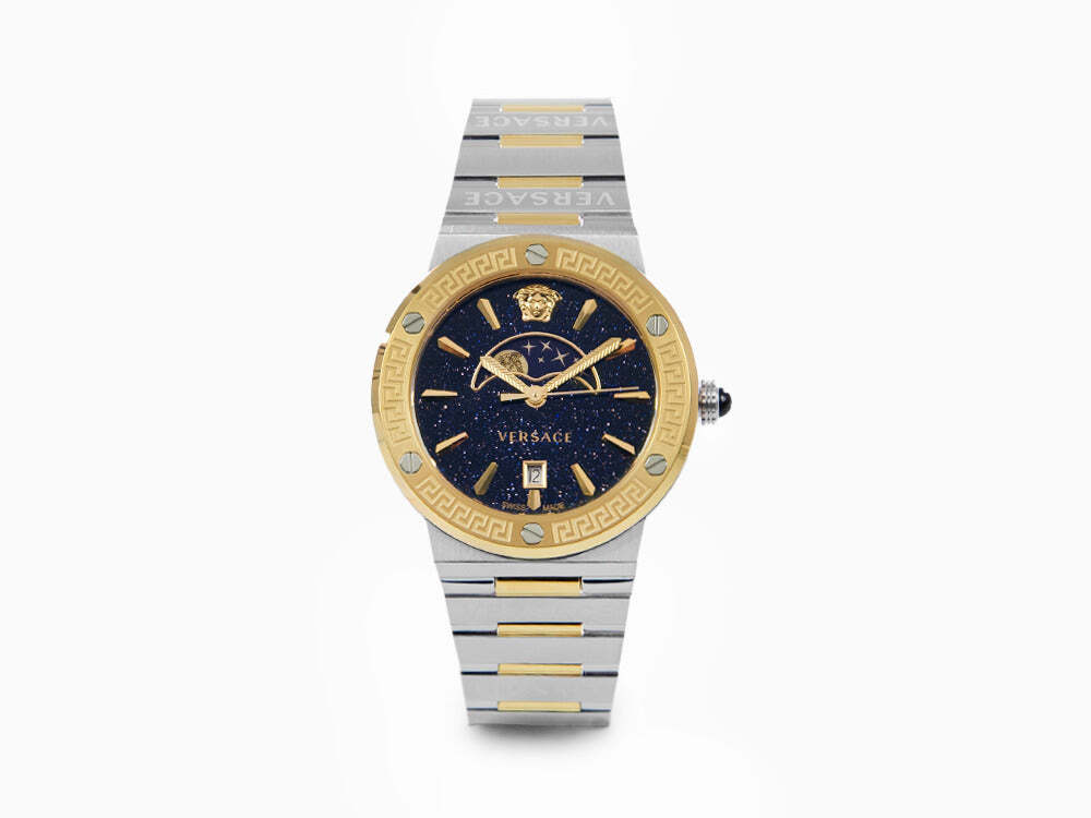 VERSACE ロコシッフアッフセタ 77GAIT04CF00T 899 Versace Greca Logo Moonphase Quartz Watch, PVD Gold, Blue