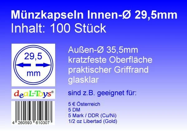 DEAL-TOYS® 100 Münzkapseln 29,5 mm, geeignet für 5 DM, 5 Mark DDR, 5 € Österreich