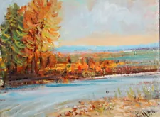 Vintage Impressionist oil painting river landscape signed