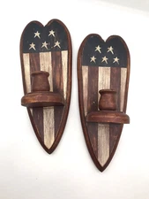 Primitive Style Wood Sconces Heart Shape Patriotic Theme- Farmhouse Core-Flag