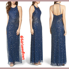 NEW Adrianna Papell Mesh Column Gown in Twilight Mercy Blue [SZ 4 ] #N713