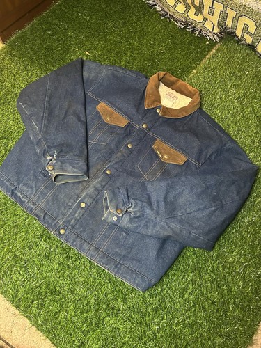 VTG Saddle King Denim Sherpa Lined Western Ranch Jean Jacket Farm USA Men 42L - Picture 2 of 6