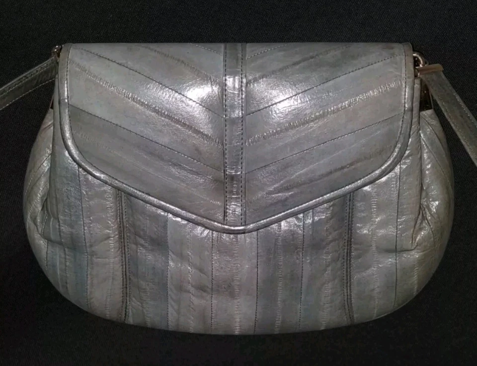 Cartera de Hombro Noche Marfil Hueso Natural Piel de Anguila Genuina Años 80 De Colección 9x7" Foto 4 de 4