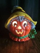Ceramic Halloween Scarecrow - Lights Up Hand-Painted Vintage