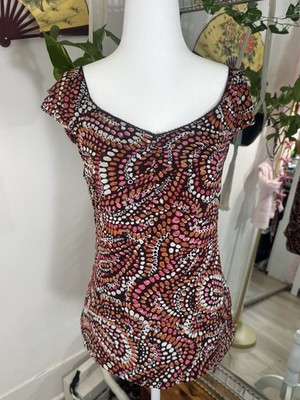 Charter Club Petite P/L Geometric Brown Pink V-Neck Cap Sleeve Nylon Blouse
