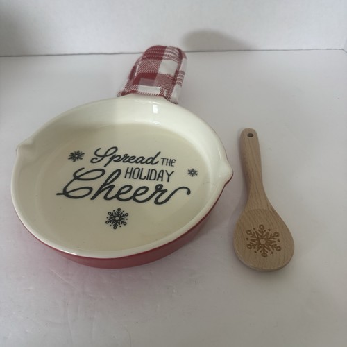 Stoneware Holiday Spoon Rest Dish w Wooden Spoon Spread The Holiday Cheer