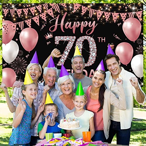 70th Birthday Decorations Backdrop Banner for Women, Rose Gold Happy 70th - Picture 4 of 7