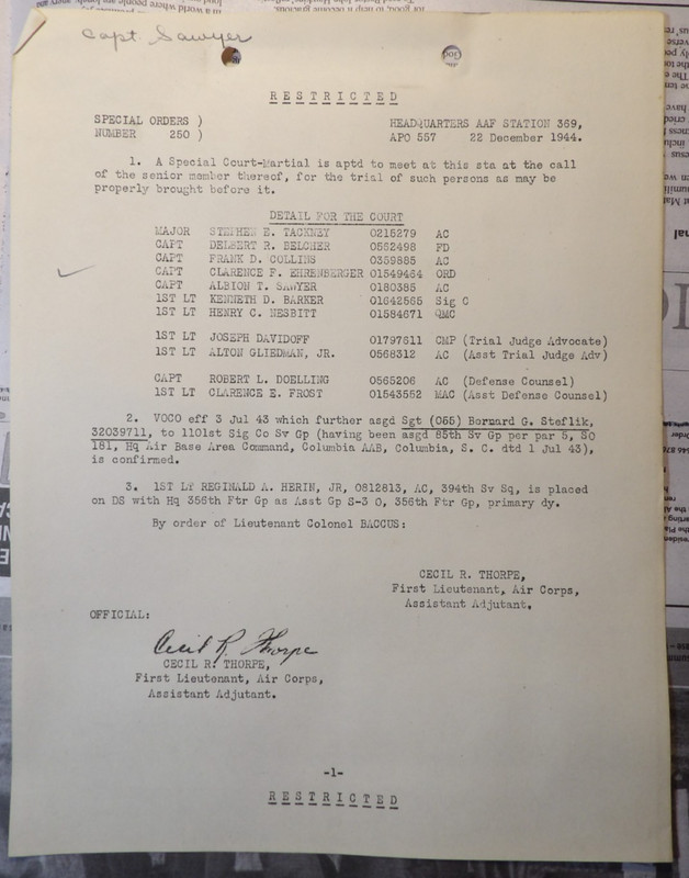 WWII 1944 Albion T Sawyer Court-Martial 1101st Sig Co 85th 394th Col Baccus