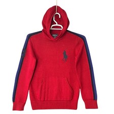 Vintage Polo Ralph Lauren Kids Red Knit Hoodie Big Pony Logo Stripe Size L 14-16