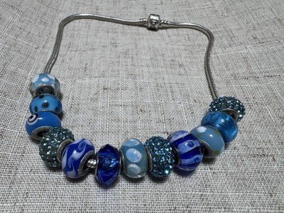 Silver-Tone Snake Chain Charm Necklace w/ Blue Round Glass Bead Charms, Barrel