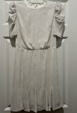 White Black Polka Dot A-Line Midi Dress Puff Short Sleeve Round Neck Ruffle XS