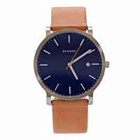Skagen SKW6279 Hagen Blaues Zifferblatt Braunes Lederband Schmale Herrenuhr N...