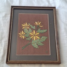 Vintage gerahmte Crewel Stickerei Bl&auml;tter Mid Century Wandteppich Bild Boho