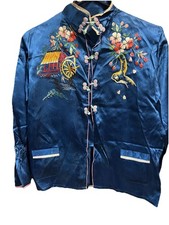 Vintage blue silk, Chinese embroidered jacket and pants set