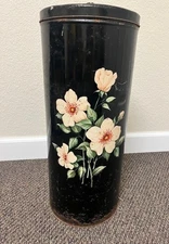 Vintage Tole Painted Black Metal Laundry Hamper