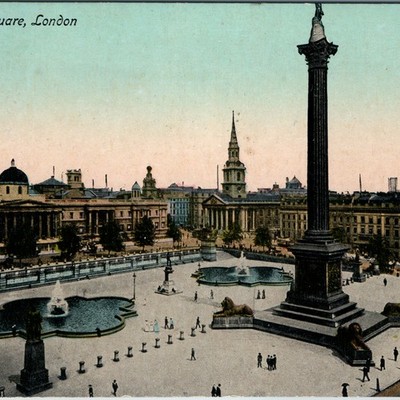 c1907 London England Trafalgar Square Postcard Nelson's Column Lions St Martin's