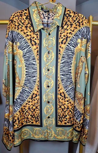 Versace Wild Cats camicia twill di seta manica lunga verde/oro -NUOVA CON ETICHETTE- IT 54/US XXL prezzo ebay