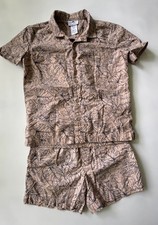 Tommy Bahama Boys M 10/12 Hawaiian Button Down Shirt Short Set Tan Floral Leaf